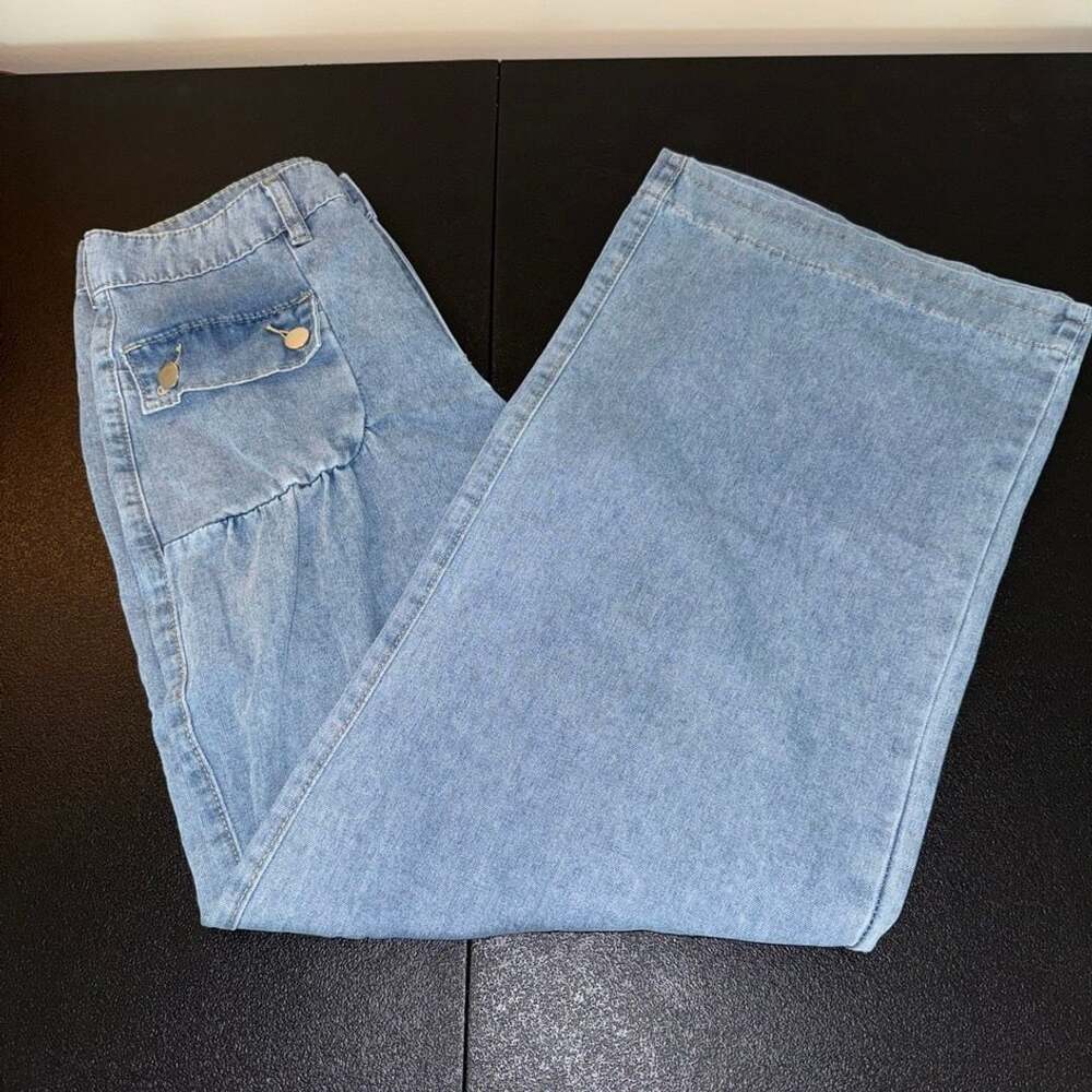 Women's Wide Leg‎ Denim Pants with Front Flap Pockets-S